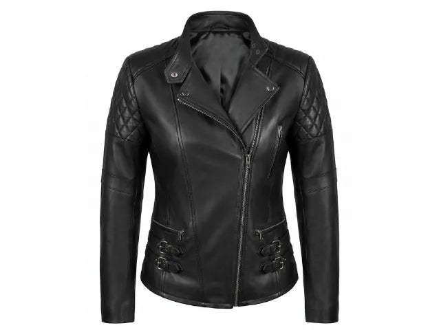 Women’s Black Leather Biker Jacket Cross Zip Style 
