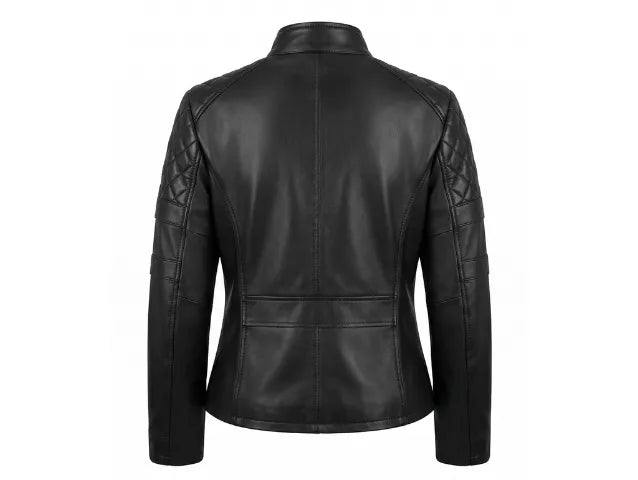 Women’s Black Leather Biker Jacket Cross Zip Style 