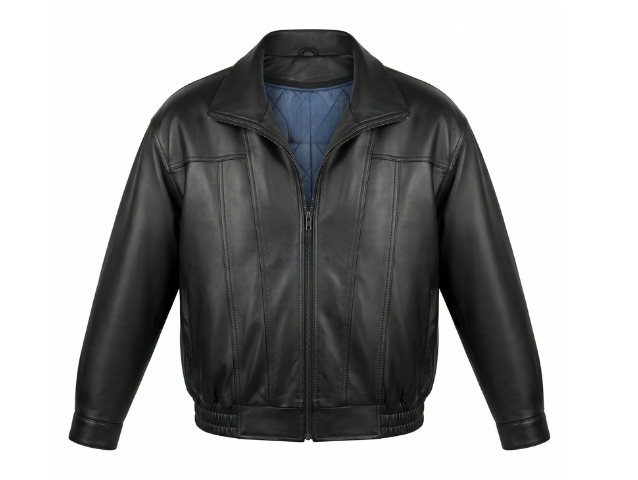 Single Collar Genuine Leather Bomber Jacket 