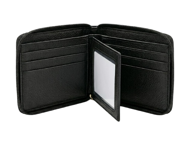 Rfid Black Leather Zip Around Wallet