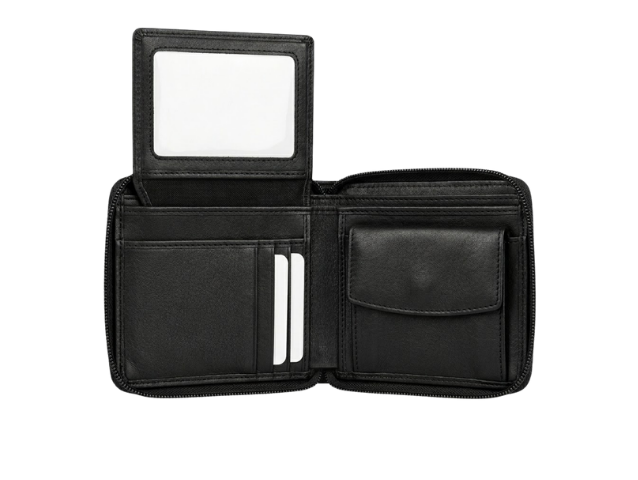 Rfid Black Leather Zip Around Wallet