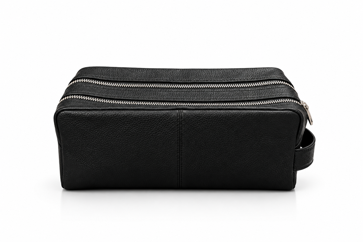 Premium Genuine Leather Toiletry Bag for Men | Double Zipper Travel Dopp Kit