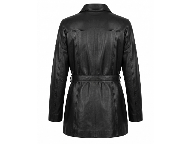 Women Black Leather Genuine Long Coat 