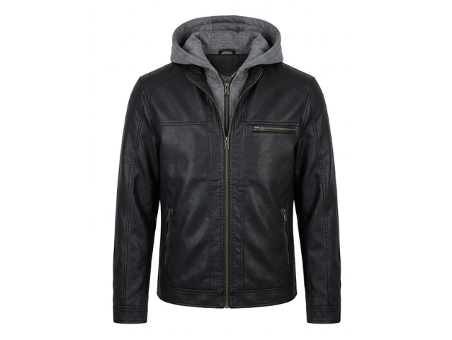 Black Leather Jacket With Grey Hood S-3111