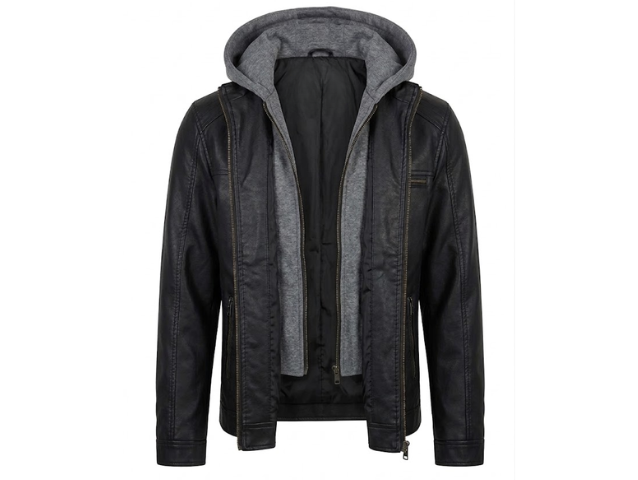 Black Leather Jacket With Grey Hood 