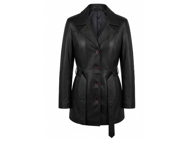 Women Black Leather Genuine Long Coat 