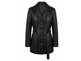 Women Black Leather Genuine Long Coat 