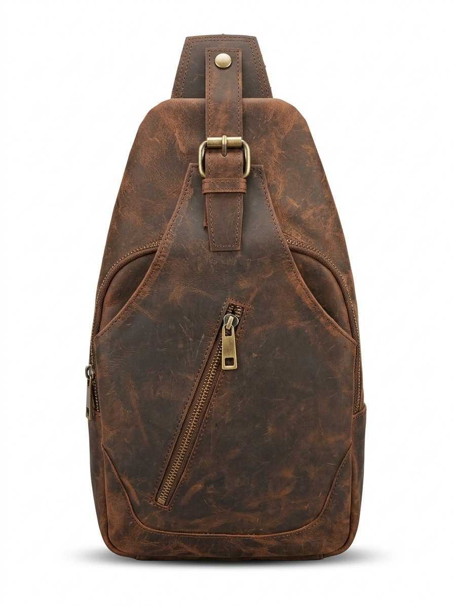 Brown Leather Sling Backpack for Men