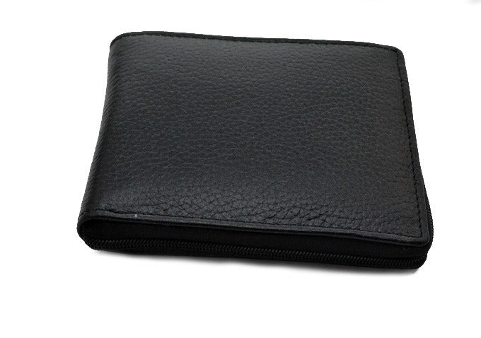 Rfid Black Leather Zip Around Wallet (S-504)