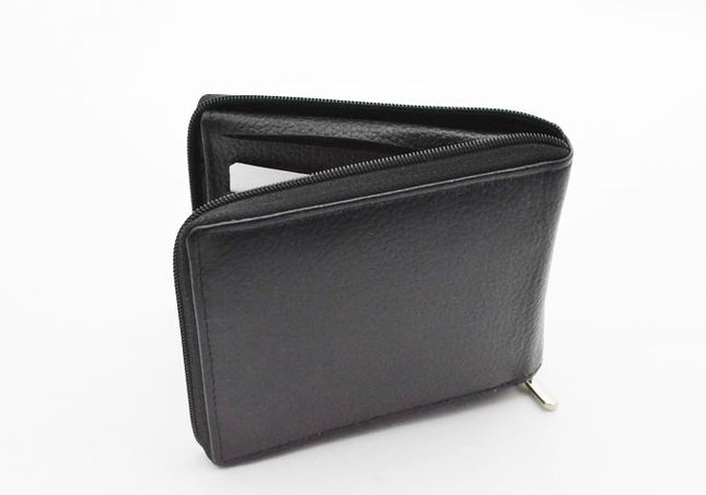 Rfid Black Leather Zip Around Wallet (S-504)