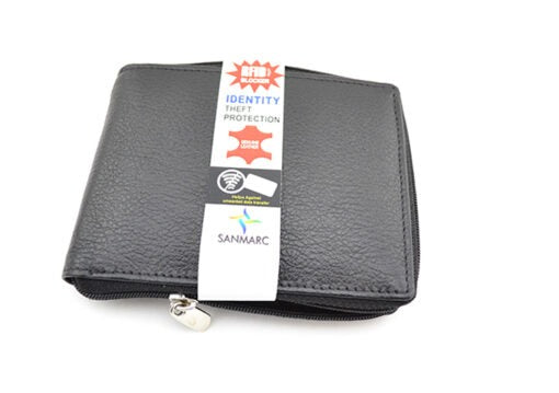 Rfid Black Leather Zip Around Wallet (S-503)